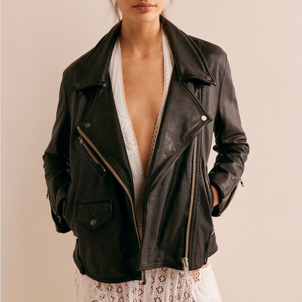 Free People We The Free Oversized Black Leather Moto Jacket